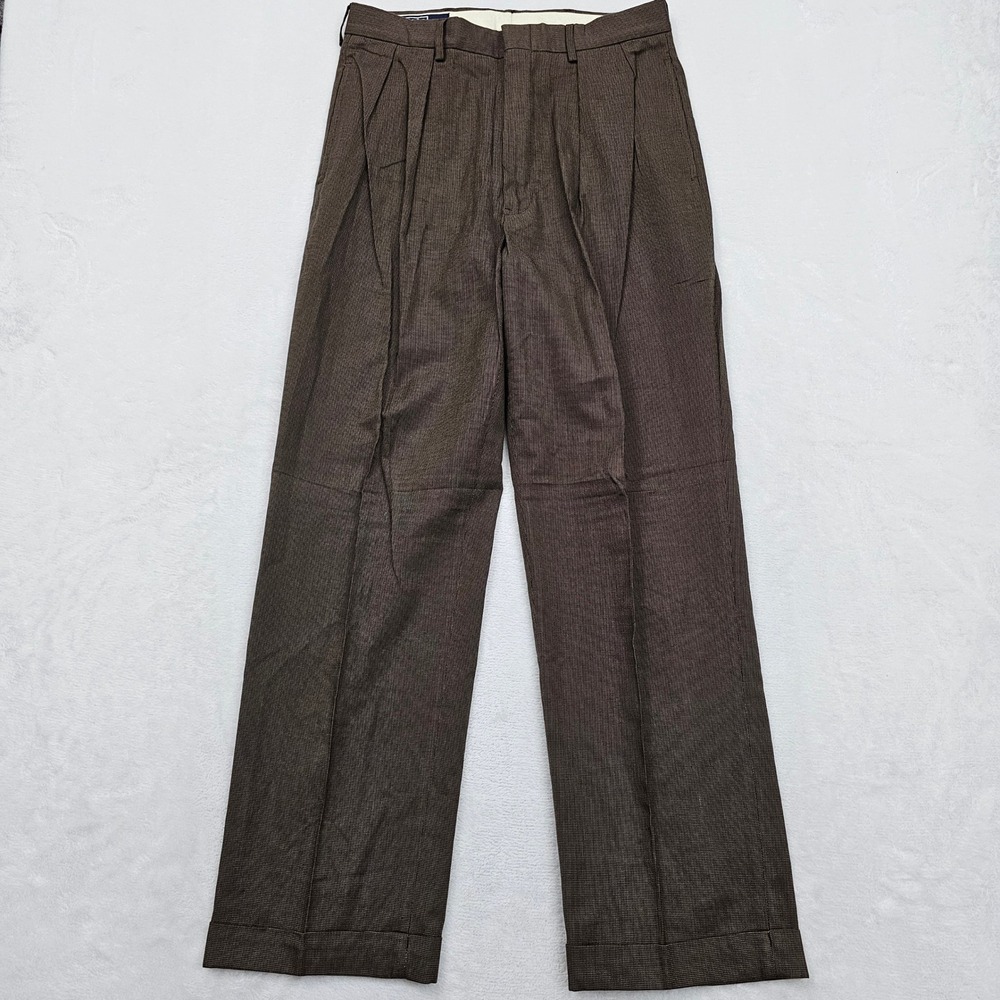 Polo Ralph Lauren Pants Mens 31x30 Brown Pleated Cuffed Preppy Academia Ivy - Picture 2 of 11